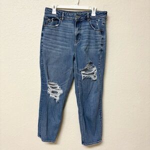 American Eagle Mom Straight Jean Stretch Blue Denim Distressed Size 14 Regular